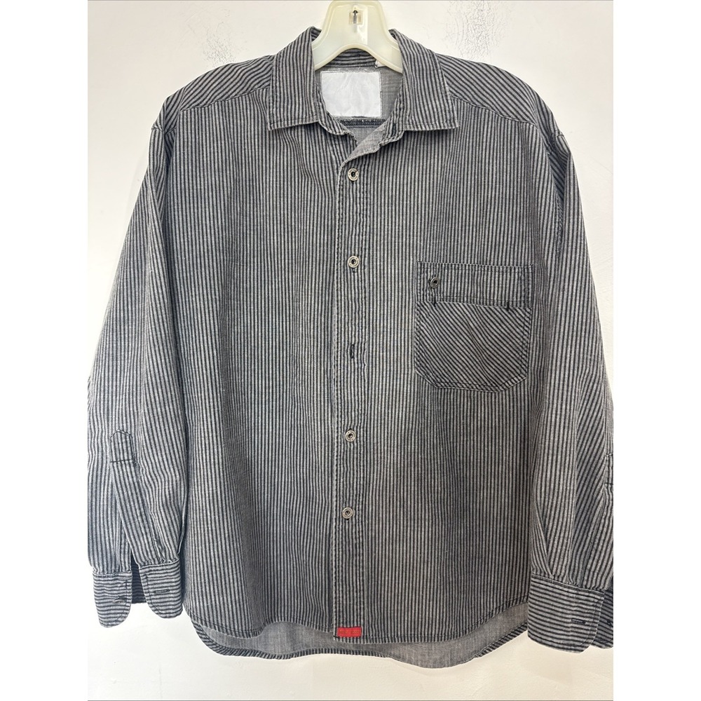 Bonjour Vintage Men's Button Up Shirt Black/Grey Stripes Long Sleeve Size S